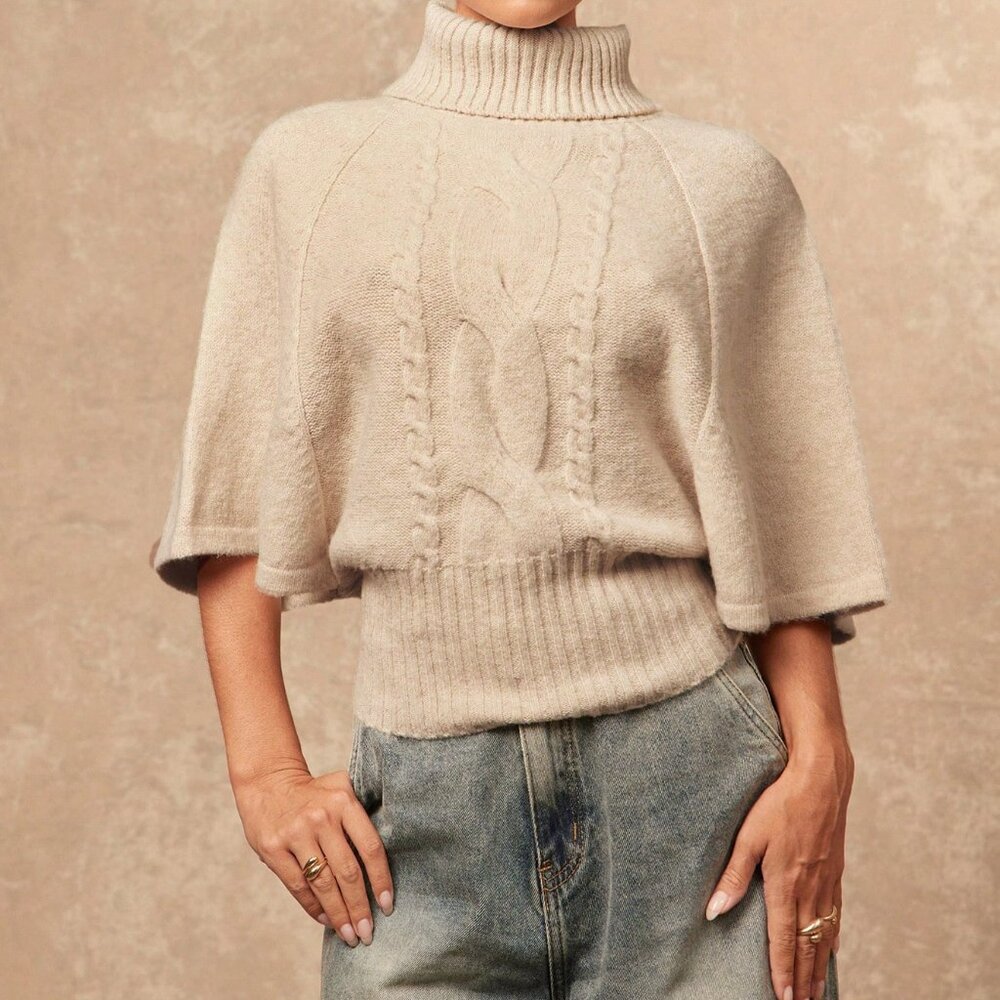 Khaki Casual Women's Cinched Waist Batwing Textured Turtleneck Sweater - Picture 3 of 8